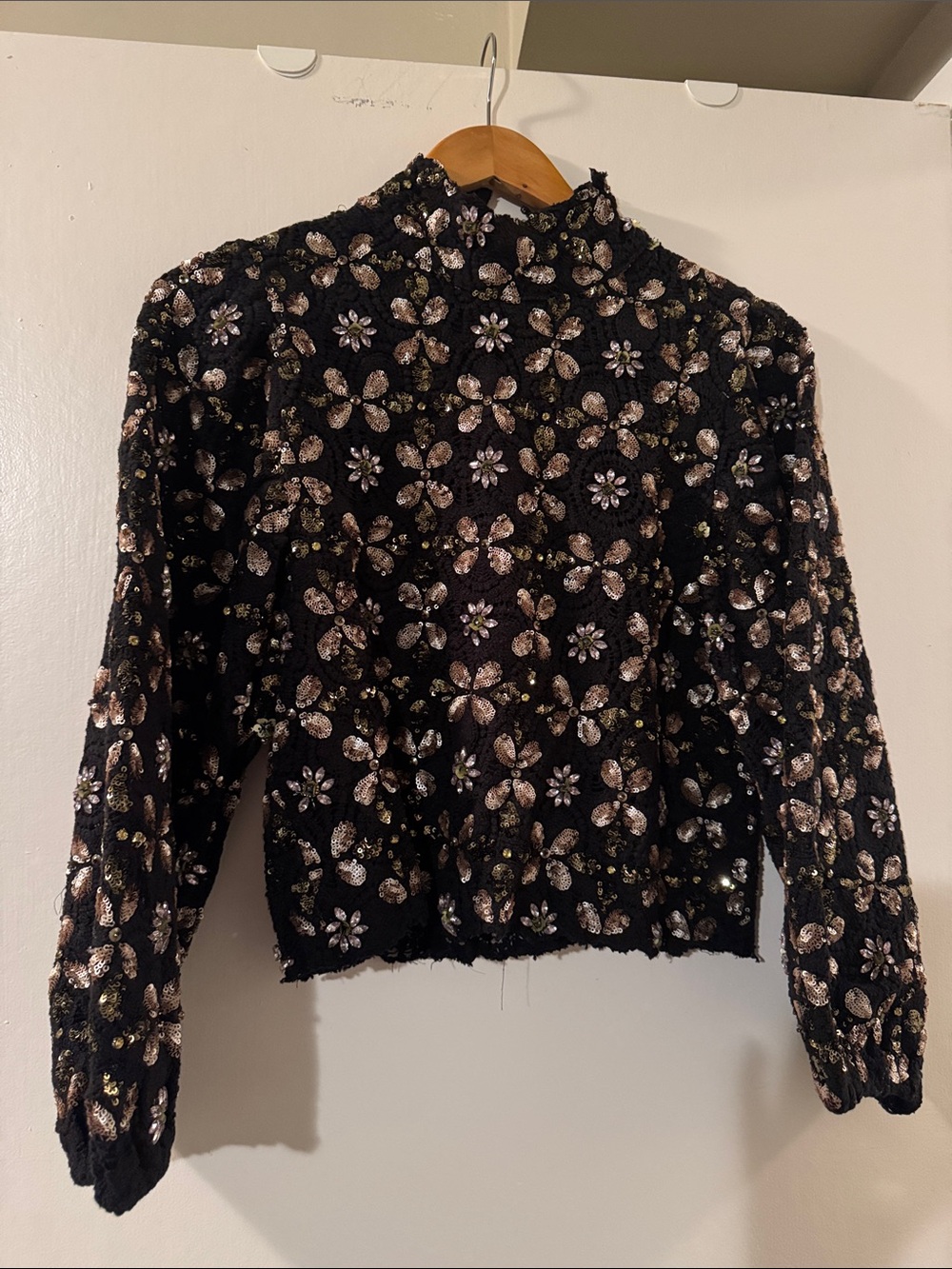Embellished Black Floral Sequin Long-Sleeve Top
